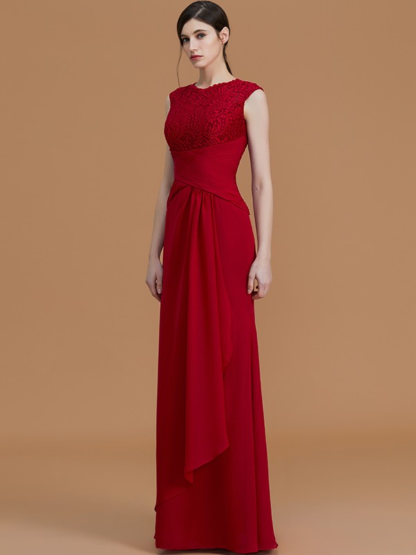 Sheath/Column Jewel Sleeveless Floor-Length Lace Chiffon Bridesmaid Dresses 2972