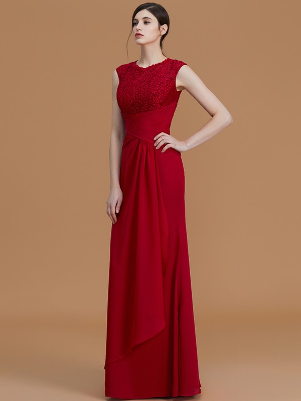 Sheath/Column Jewel Sleeveless Floor-Length Lace Chiffon Bridesmaid Dresses 2972