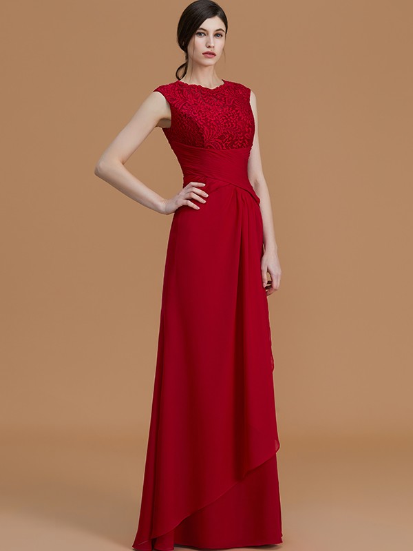 Sheath/Column Jewel Sleeveless Floor-Length Lace Chiffon Bridesmaid Dresses 2972