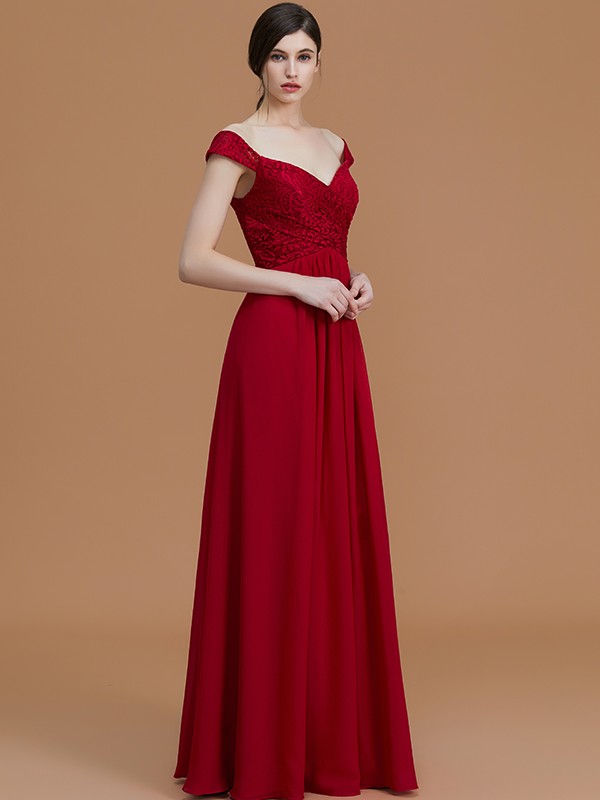 A-Line/Princess V-neck Sleeveless Floor-Length Lace Chiffon Bridesmaid Dresses 2826