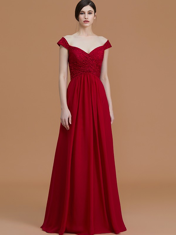 A-Line/Princess V-neck Sleeveless Floor-Length Lace Chiffon Bridesmaid Dresses 2826