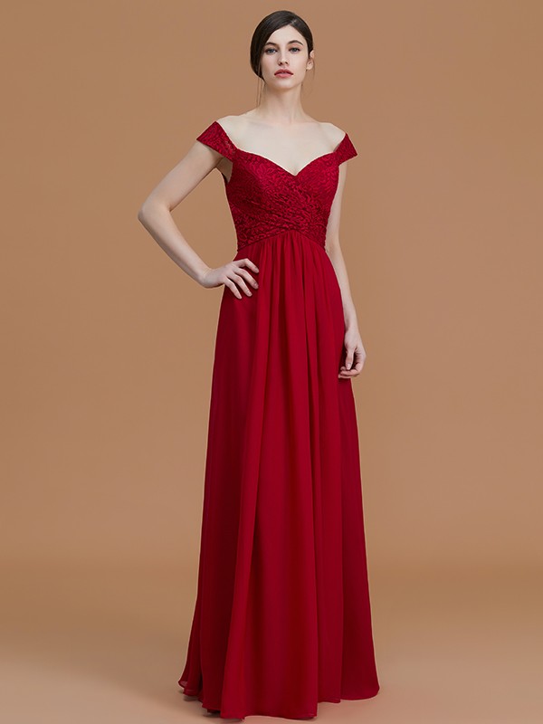 A-Line/Princess V-neck Sleeveless Floor-Length Lace Chiffon Bridesmaid Dresses 2826