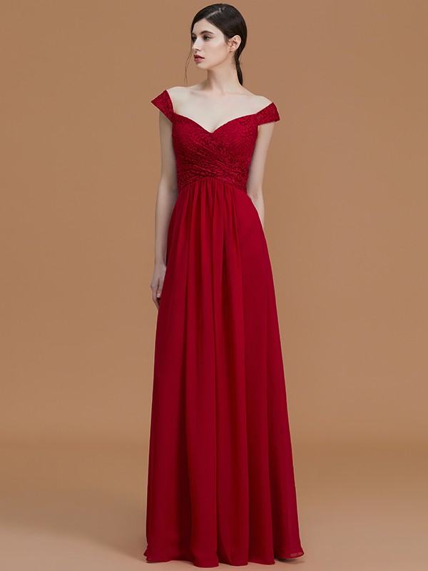 A-Line/Princess V-neck Sleeveless Floor-Length Lace Chiffon Bridesmaid Dresses 2826