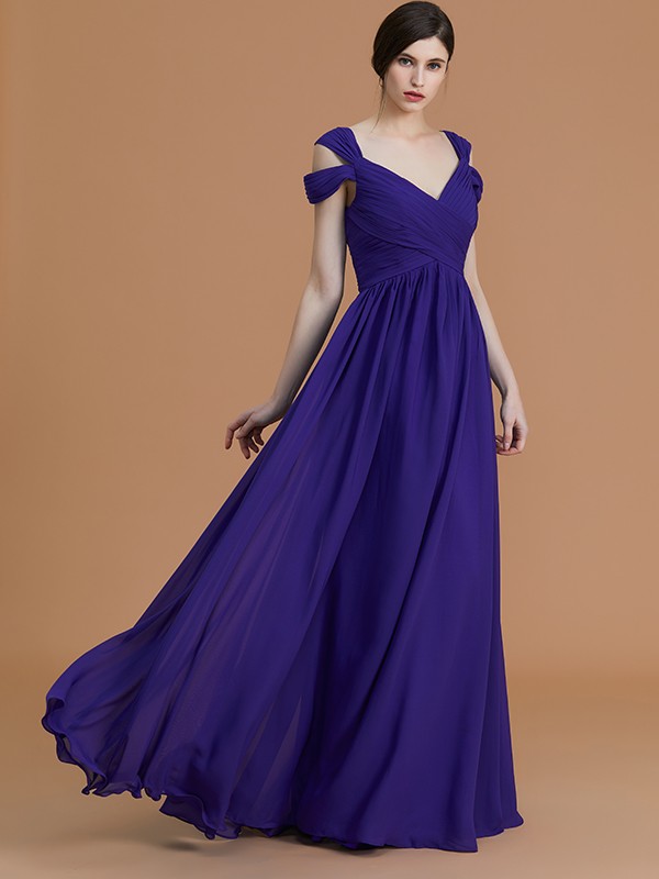 A-Line/Princess Off-the-Shoulder Sleeveless Floor-Length Ruched Chiffon Bridesmaid Dresses 2359