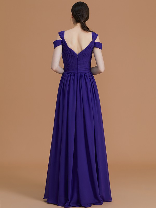 A-Line/Princess Off-the-Shoulder Sleeveless Floor-Length Ruched Chiffon Bridesmaid Dresses 2359