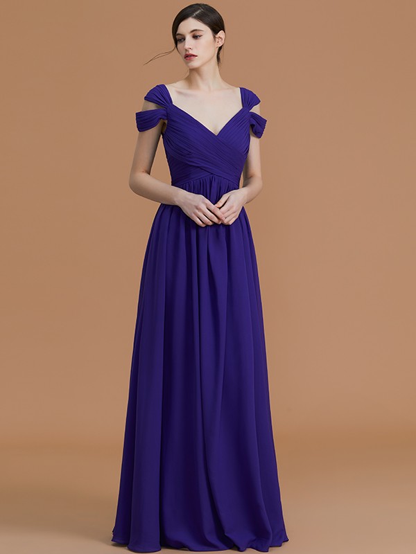 A-Line/Princess Off-the-Shoulder Sleeveless Floor-Length Ruched Chiffon Bridesmaid Dresses 2359