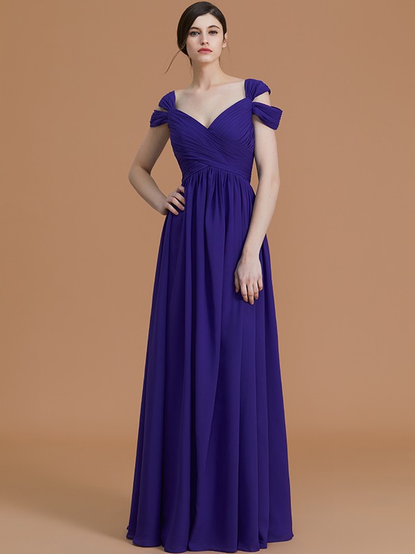 A-Line/Princess Off-the-Shoulder Sleeveless Floor-Length Ruched Chiffon Bridesmaid Dresses 2359