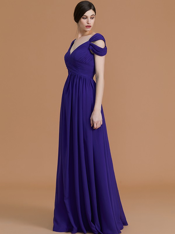 A-Line/Princess Off-the-Shoulder Sleeveless Floor-Length Ruched Chiffon Bridesmaid Dresses 2359