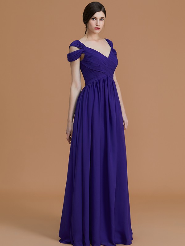 A-Line/Princess Off-the-Shoulder Sleeveless Floor-Length Ruched Chiffon Bridesmaid Dresses 2359