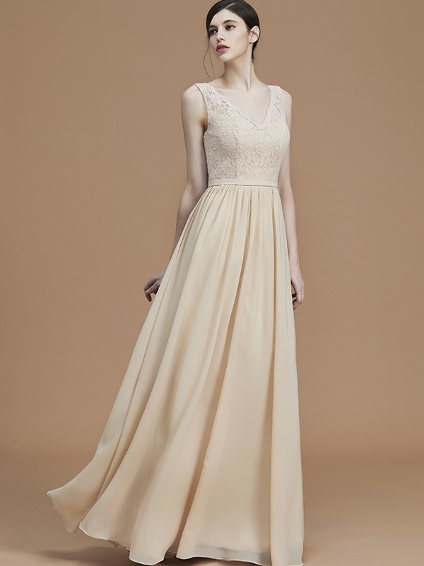 A-Line/Princess V-neck Sleeveless Floor-Length Ruffles Chiffon Bridesmaid Dresses 2831