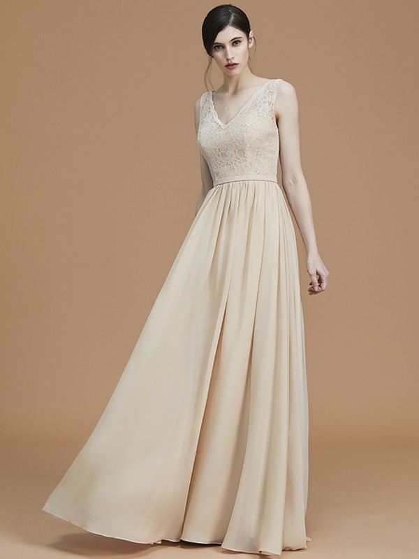 A-Line/Princess V-neck Sleeveless Floor-Length Ruffles Chiffon Bridesmaid Dresses 2831