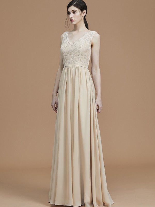 A-Line/Princess V-neck Sleeveless Floor-Length Ruffles Chiffon Bridesmaid Dresses 2831