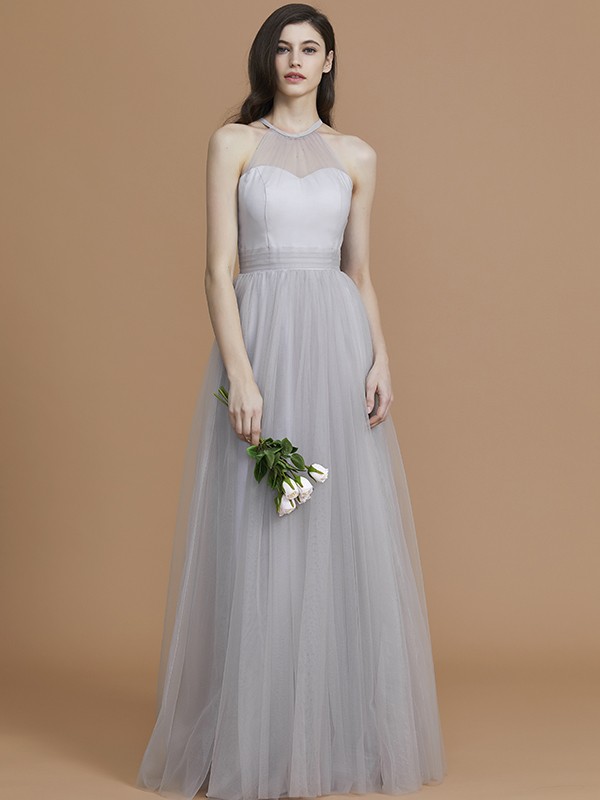 A-Line/Princess Halter Sleeveless Floor-Length Ruffles Tulle Bridesmaid Dresses 2289