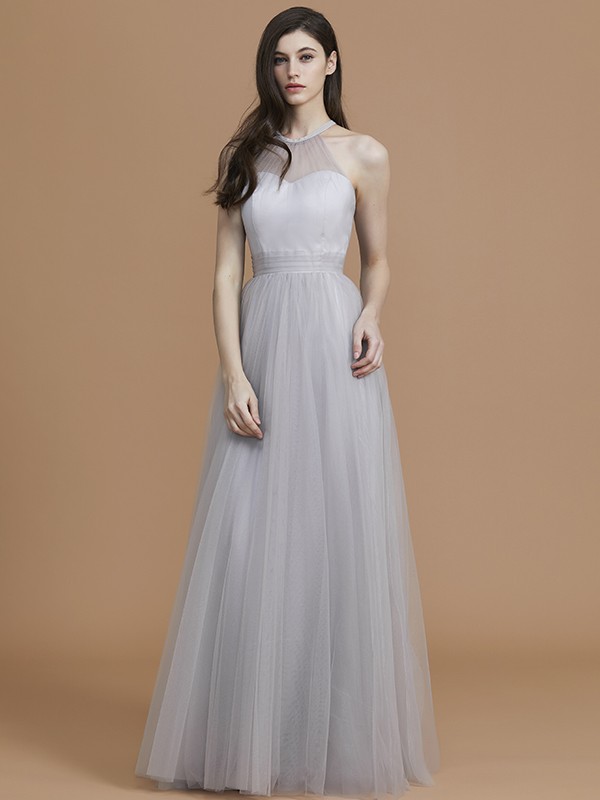 A-Line/Princess Halter Sleeveless Floor-Length Ruffles Tulle Bridesmaid Dresses 2289