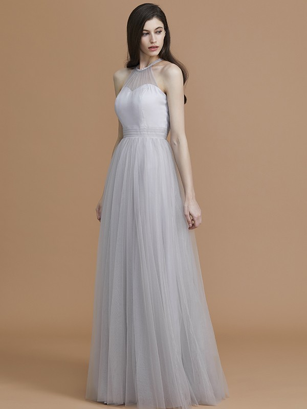 A-Line/Princess Halter Sleeveless Floor-Length Ruffles Tulle Bridesmaid Dresses 2289