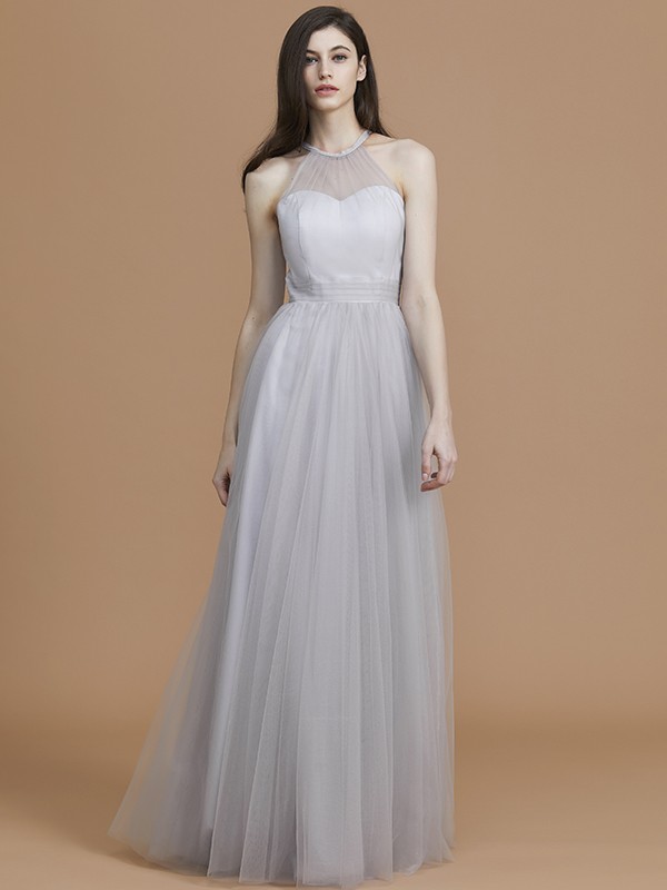 A-Line/Princess Halter Sleeveless Floor-Length Ruffles Tulle Bridesmaid Dresses 2289