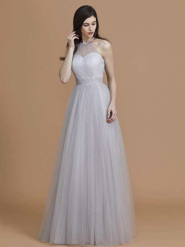 A-Line/Princess Halter Sleeveless Floor-Length Ruffles Tulle Bridesmaid Dresses 2289