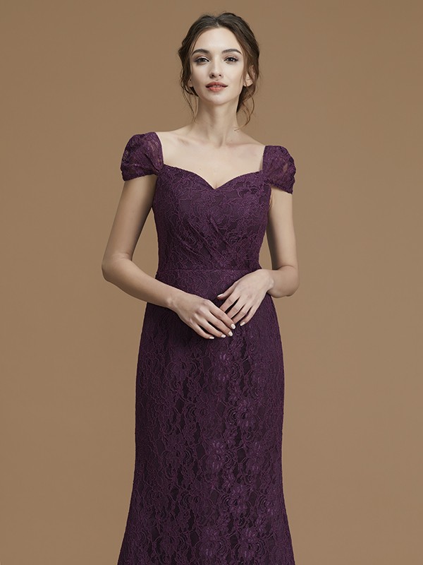 Sheath/Column Sweetheart Short Sleeves Sweep/Brush Train Lace Satin Bridesmaid Dresses 3208