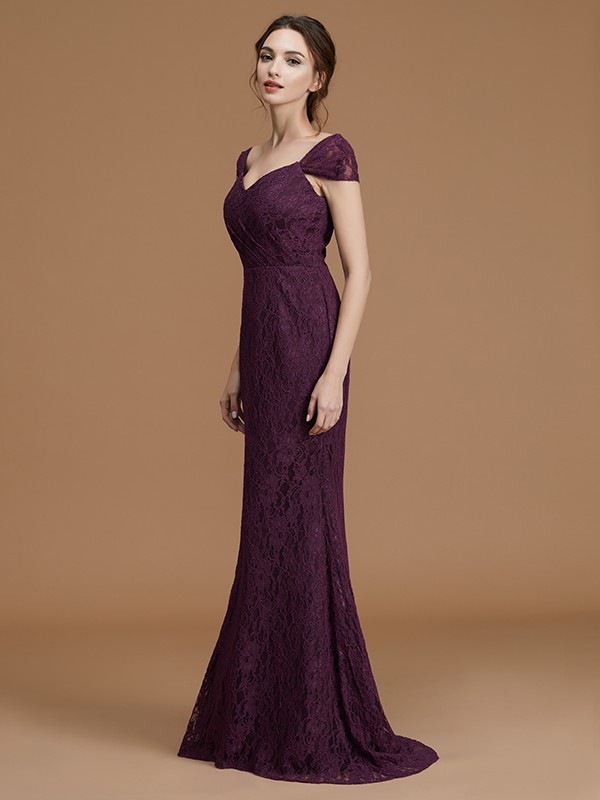 Sheath/Column Sweetheart Short Sleeves Sweep/Brush Train Lace Satin Bridesmaid Dresses 3208