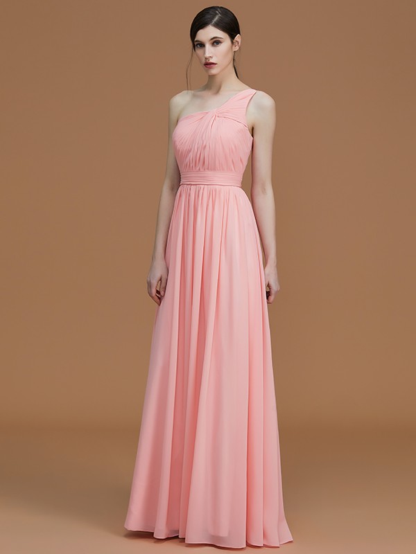 A-Line/Princess One-Shoulder Sleeveless Floor-Length Ruched Chiffon Bridesmaid Dresses 2400