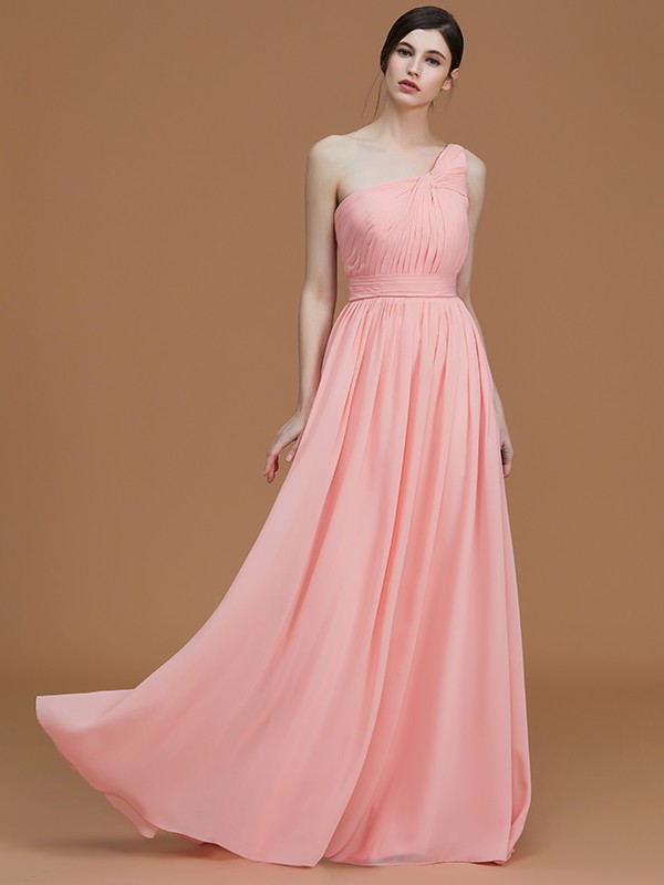 A-Line/Princess One-Shoulder Sleeveless Floor-Length Ruched Chiffon Bridesmaid Dresses 2400