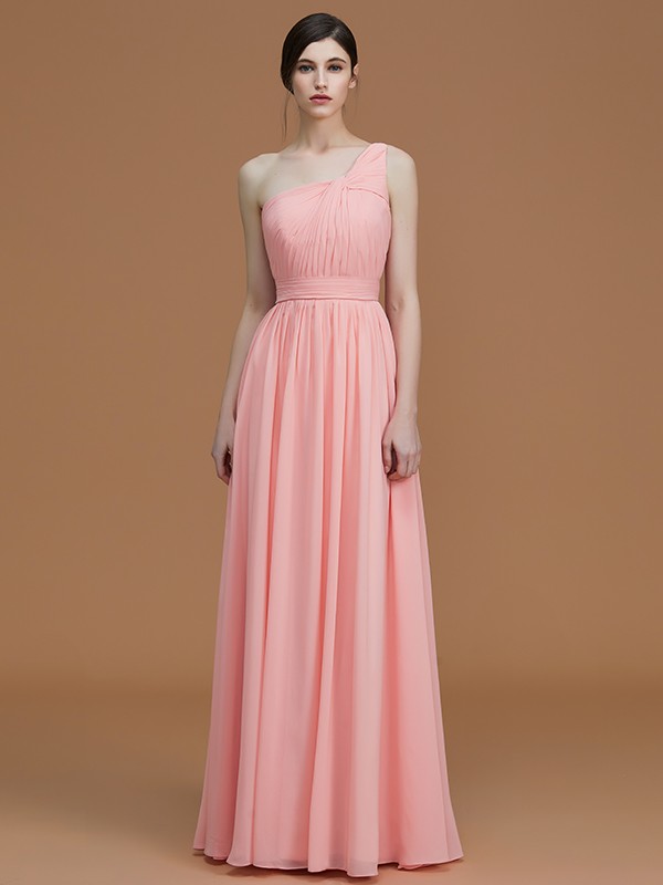 A-Line/Princess One-Shoulder Sleeveless Floor-Length Ruched Chiffon Bridesmaid Dresses 2400