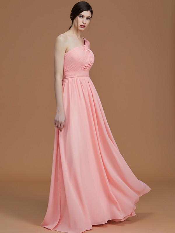 A-Line/Princess One-Shoulder Sleeveless Floor-Length Ruched Chiffon Bridesmaid Dresses 2400