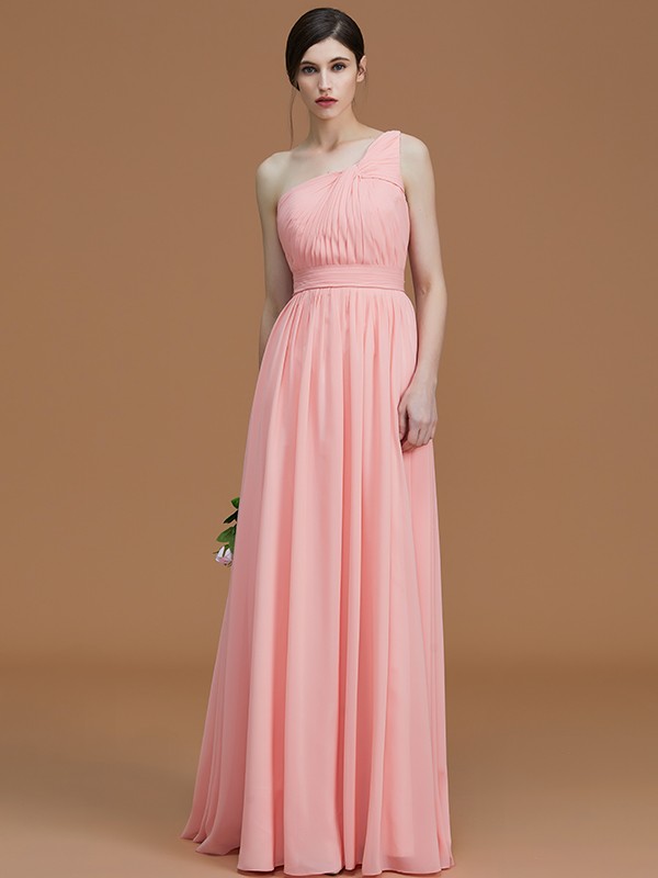 A-Line/Princess One-Shoulder Sleeveless Floor-Length Ruched Chiffon Bridesmaid Dresses 2400