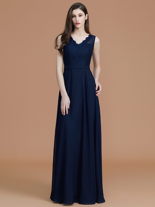 A-Line/Princess V-neck Sleeveless Floor-Length Lace Chiffon Bridesmaid Dresses 2827