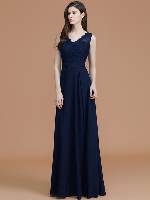 A-Line/Princess V-neck Sleeveless Floor-Length Lace Chiffon Bridesmaid Dresses 2827