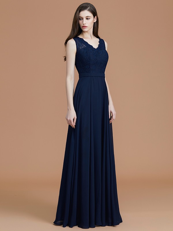 A-Line/Princess V-neck Sleeveless Floor-Length Lace Chiffon Bridesmaid Dresses 2827