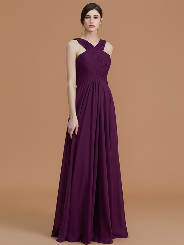 A-Line/Princess Halter Sleeveless Floor-Length Ruched Chiffon Bridesmaid Dresses 2284