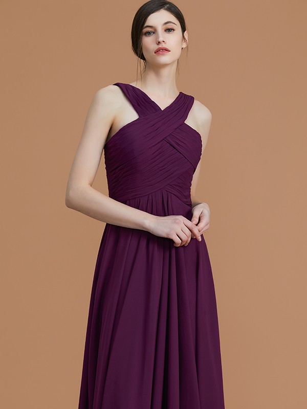 A-Line/Princess Halter Sleeveless Floor-Length Ruched Chiffon Bridesmaid Dresses 2284