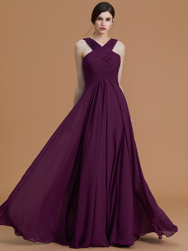 A-Line/Princess Halter Sleeveless Floor-Length Ruched Chiffon Bridesmaid Dresses 2284