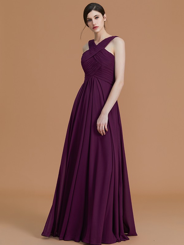 A-Line/Princess Halter Sleeveless Floor-Length Ruched Chiffon Bridesmaid Dresses 2284