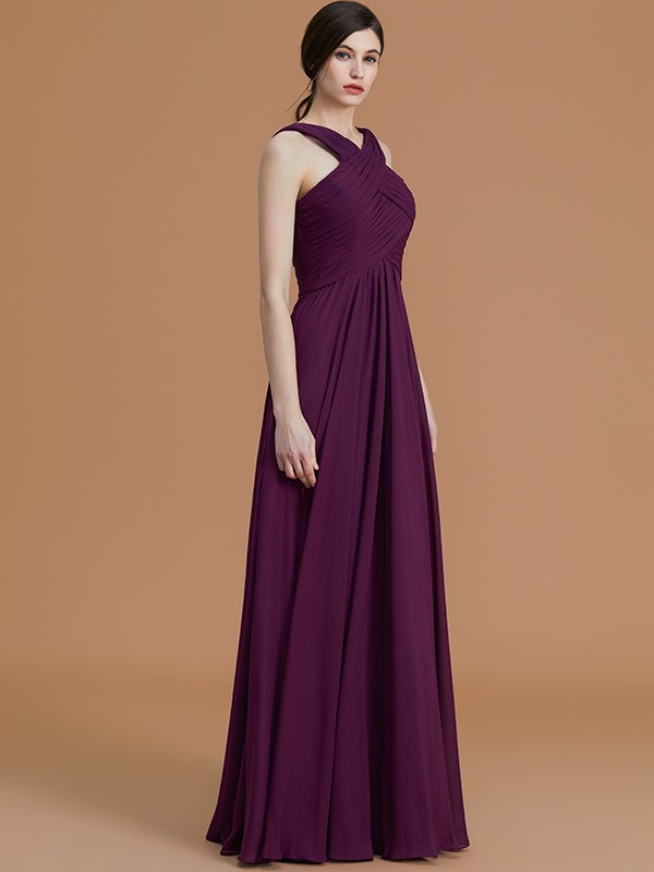 A-Line/Princess Halter Sleeveless Floor-Length Ruched Chiffon Bridesmaid Dresses 2284