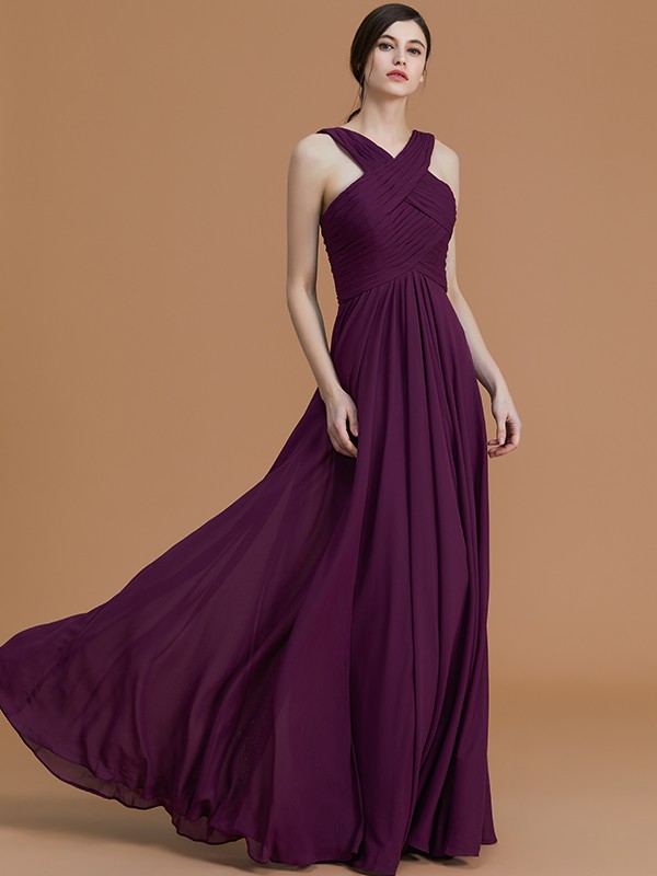 A-Line/Princess Halter Sleeveless Floor-Length Ruched Chiffon Bridesmaid Dresses 2284