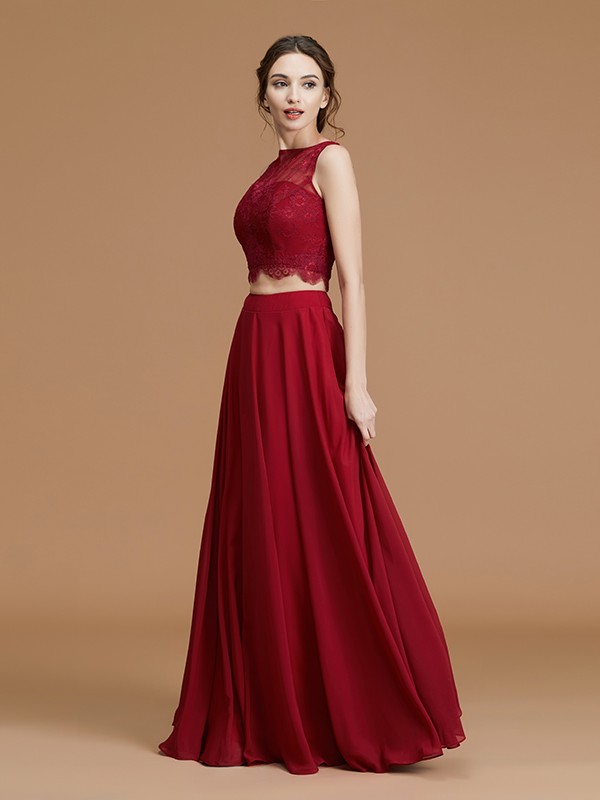 A-Line/Princess Bateau Sleeveless Floor-Length Lace Chiffon Bridesmaid Dresses 2110