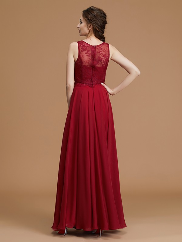 A-Line/Princess Bateau Sleeveless Floor-Length Lace Chiffon Bridesmaid Dresses 2110