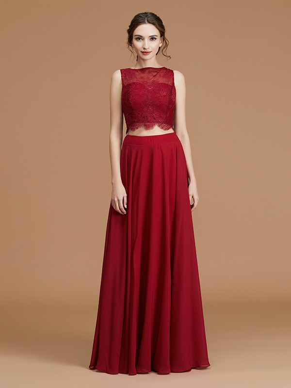 A-Line/Princess Bateau Sleeveless Floor-Length Lace Chiffon Bridesmaid Dresses 2110