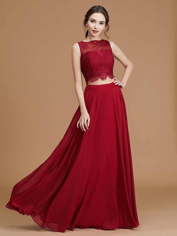 A-Line/Princess Bateau Sleeveless Floor-Length Lace Chiffon Bridesmaid Dresses 2110