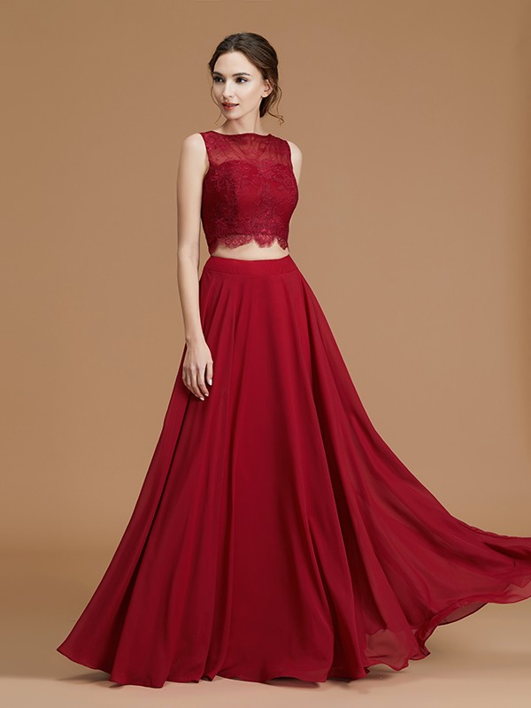 A-Line/Princess Bateau Sleeveless Floor-Length Lace Chiffon Bridesmaid Dresses 2110