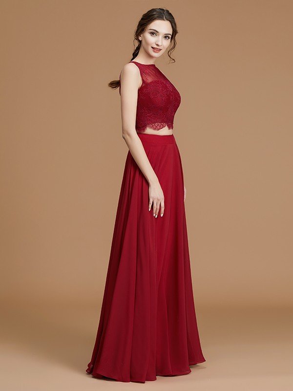 A-Line/Princess Bateau Sleeveless Floor-Length Lace Chiffon Bridesmaid Dresses 2110