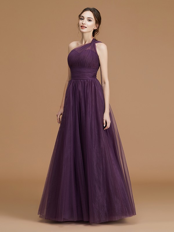 A-Line/Princess One-Shoulder Sleeveless Floor-Length Ruched Tulle Bridesmaid Dresses 2401