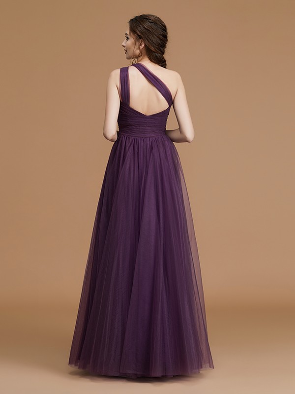 A-Line/Princess One-Shoulder Sleeveless Floor-Length Ruched Tulle Bridesmaid Dresses 2401