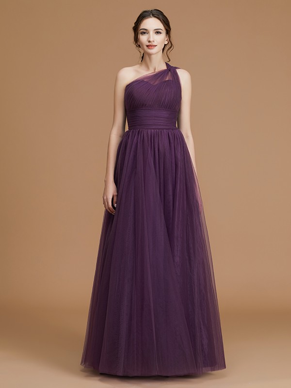 A-Line/Princess One-Shoulder Sleeveless Floor-Length Ruched Tulle Bridesmaid Dresses 2401