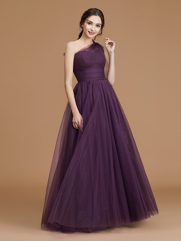 A-Line/Princess One-Shoulder Sleeveless Floor-Length Ruched Tulle Bridesmaid Dresses 2401