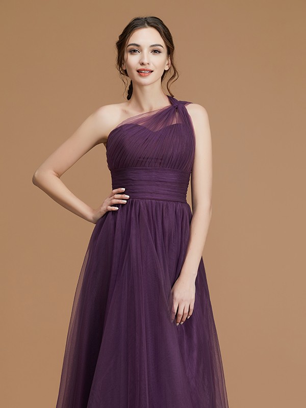 A-Line/Princess One-Shoulder Sleeveless Floor-Length Ruched Tulle Bridesmaid Dresses 2401