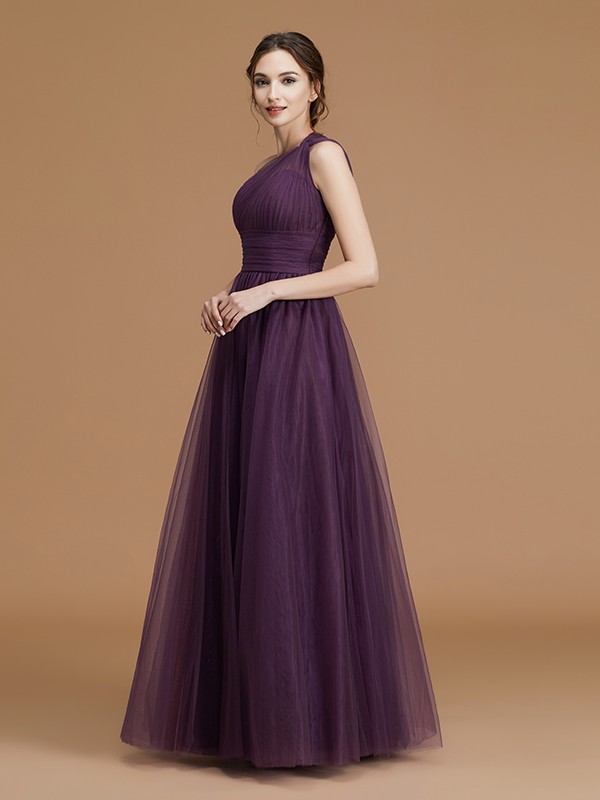 A-Line/Princess One-Shoulder Sleeveless Floor-Length Ruched Tulle Bridesmaid Dresses 2401