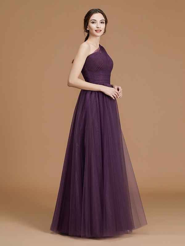 A-Line/Princess One-Shoulder Sleeveless Floor-Length Ruched Tulle Bridesmaid Dresses 2401